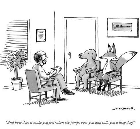 Cartoon of a therapist discussing feelings with a bear and a fox, humorously referencing a “lazy dog.”