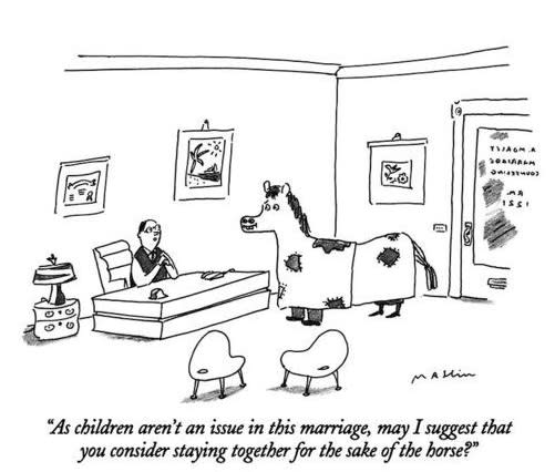 Cartoon of a therapist suggesting a couple stay together for the sake of their horse, depicting humor in therapy settings.