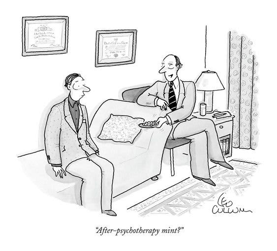 Cartoon depicting a therapist offering a mint to a patient, captioned After-psychotherapy mint?