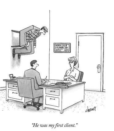 Cartoon of a therapist and client, with a man awkwardly perched on a wall, captioned He was my first client.