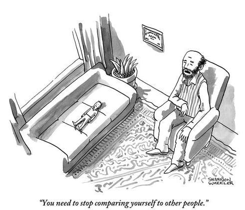Cartoon depicting a therapist advising a patient on self-acceptance, humorously addressing comparison issues.