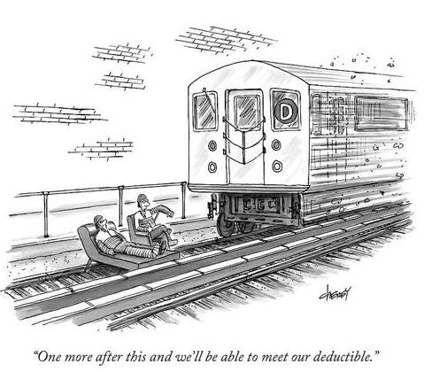 Cartoon depicting two therapists on a couch beside a train track, humorously discussing therapy deductibles.