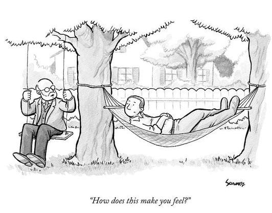 Cartoon depicting a therapist on a swing asking a reclining man in a hammock, “How does this make you feel?”