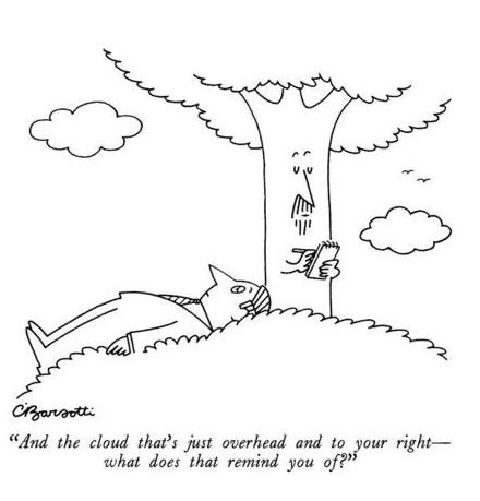 A cartoon depicting a therapist asking a reclining patient about a cloud, humorously exploring therapy themes.