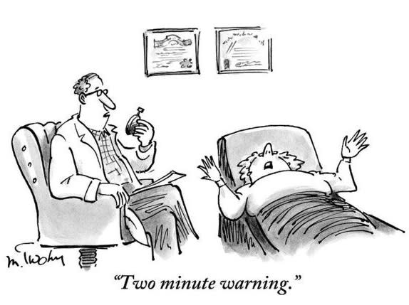 Cartoon of a therapist holding a timer, saying, Two minute warning, as a client lies on the couch.