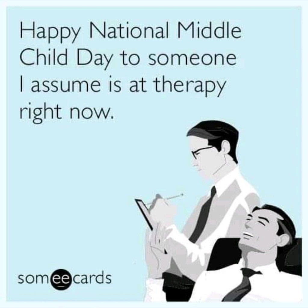 Illustration of a therapist noting observations while a relaxed client, with the text, Happy National Middle Child Day to someone I assume is at therapy now.