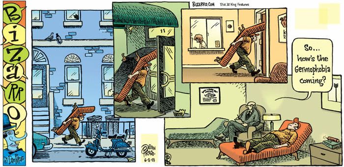 Cartoon depicting a man carrying a large sanitizing wipe, humorously commenting on his germophobia during a therapy session.