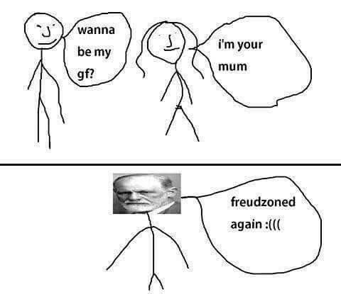 Cartoon depicting a humorous exchange about being freud zoned, showing playful references to psychology concepts.