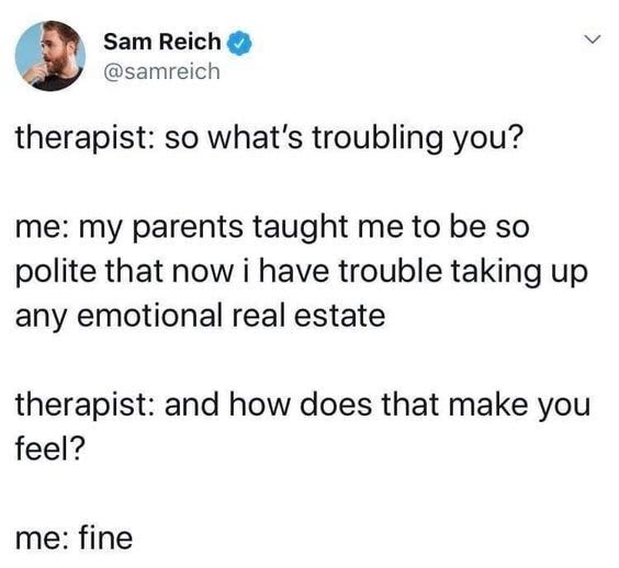 Therapy-themed cartoon depicting a humorous conversation about emotional boundaries and politeness challenges.