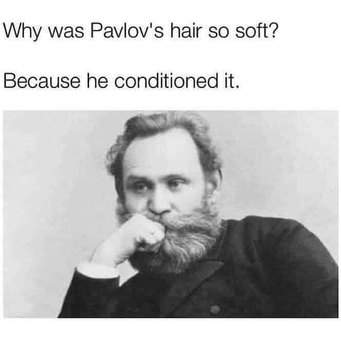 Black and white cartoon of a man with a beard pondering, text reads: Why was Pavlov's hair so soft? Because he conditioned it.
