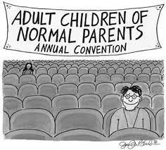 Cartoon depicting a lonely man at the Adult Children of Normal Parents Annual Convention with empty seats around him.