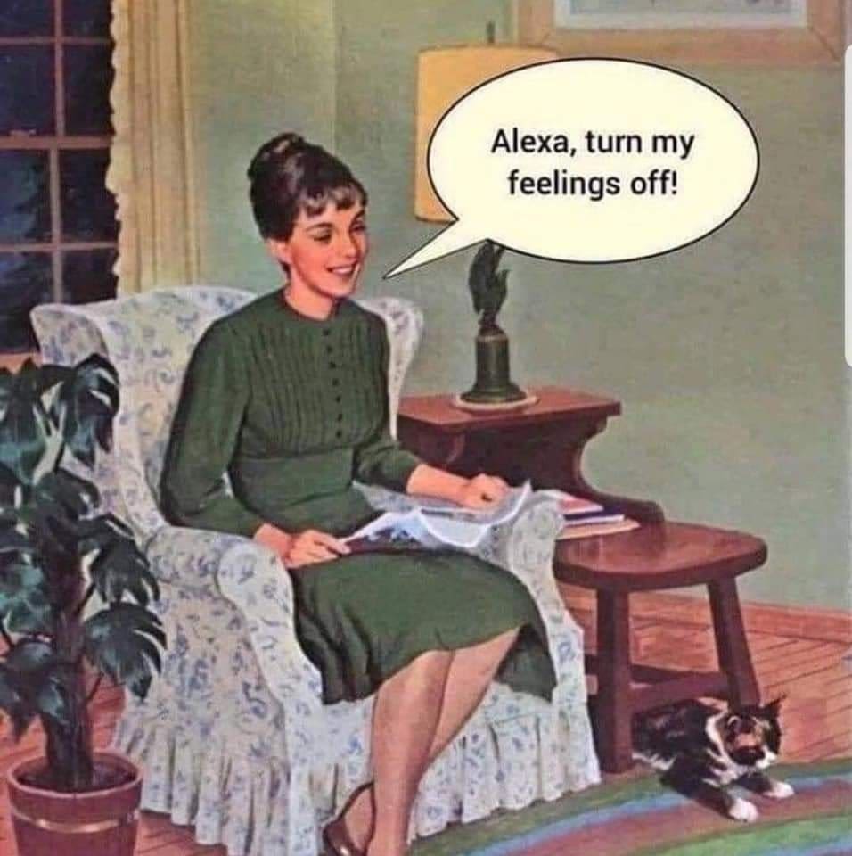 Humorously navigating feelings, this vintage-style cartoon captures the wish to 'turn off' emotions with a smart device, perfect for mental health laughs.