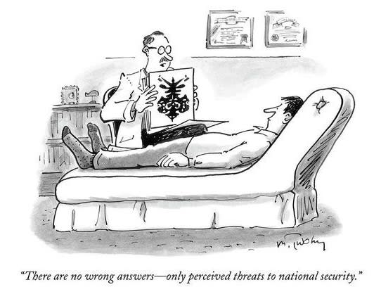 Cartoon depicting a therapist presenting a graphic while a patient lies on the couch, exploring themes of perception in therapy.