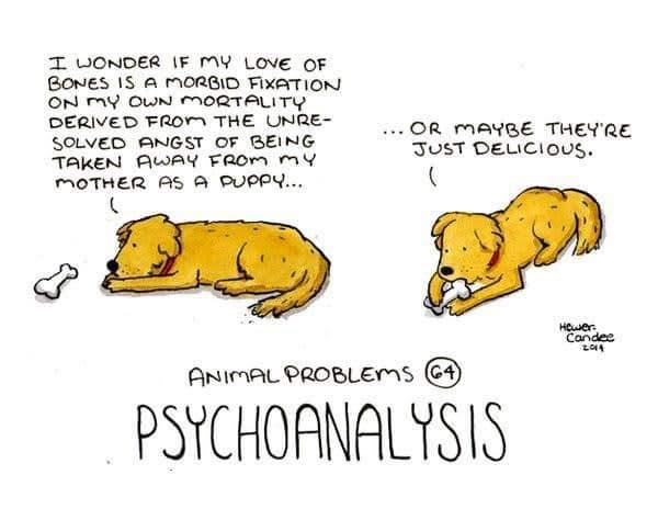 Cartoon depicting a dog pondering its love for bones, questioning if it's a deep psychological issue or simply delicious.