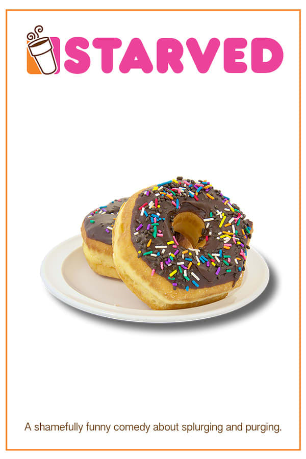 Two chocolate-covered donuts with colorful sprinkles on a white plate, promoting the film Starved about eating behaviors.