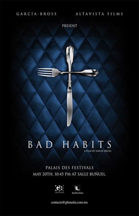 Film poster for Bad Habits featuring crossed fork and knife, exploring themes of eating disorders and human behavior.