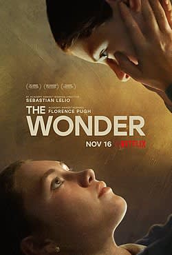 Film poster for The Wonder, featuring Florence Pugh, highlighting themes of mental health and eating disorders.
