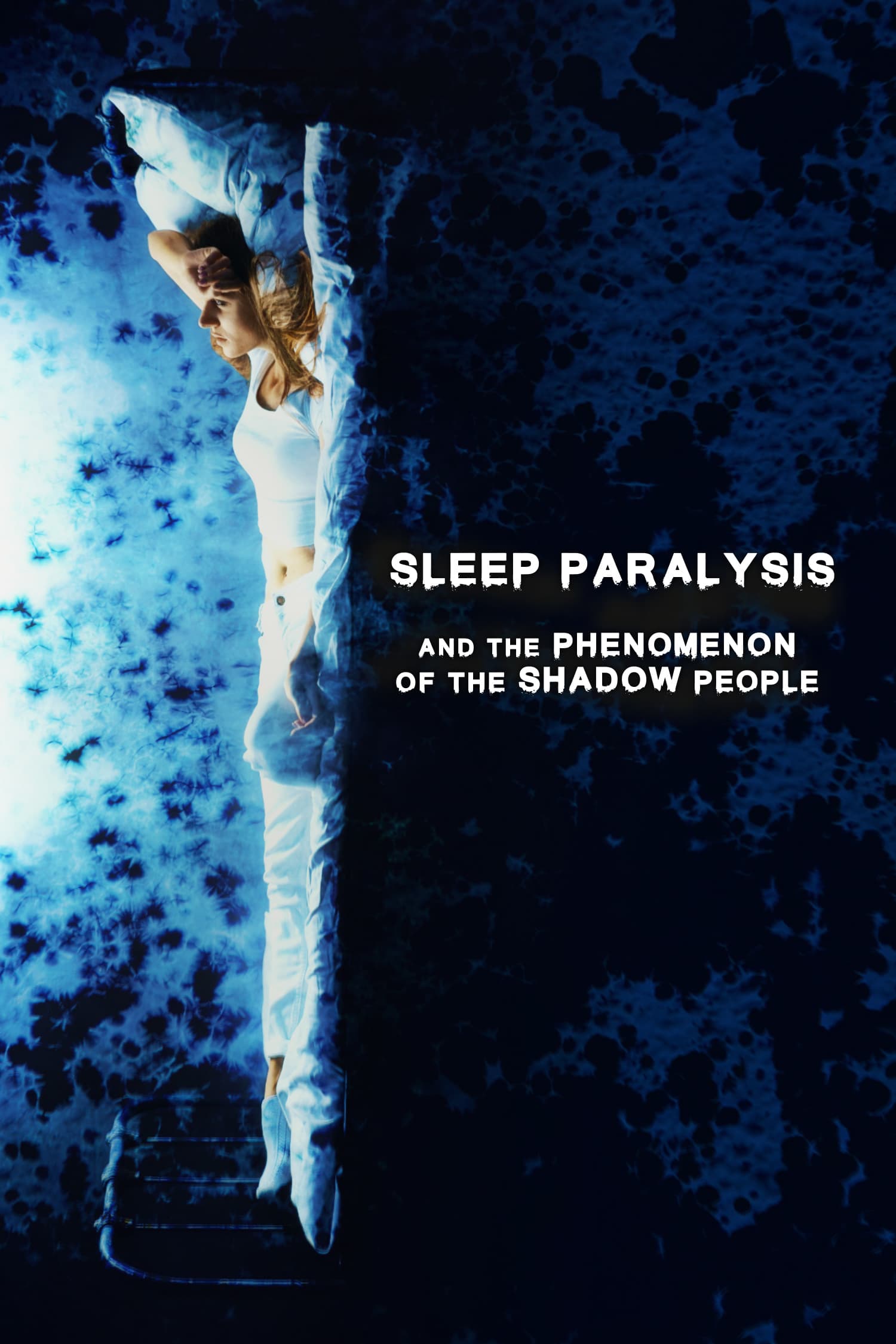 Woman experiencing sleep paralysis under a blue-toned blanket, highlighting themes of sleep-wake disorders and shadow people.