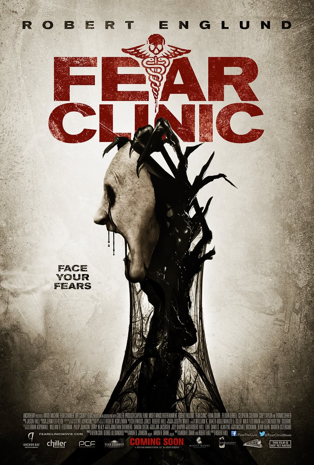 Movie poster for 'Fear Clinic' featuring a haunting mask and the tagline 'Face Your Fears,' highlighting phobia themes.