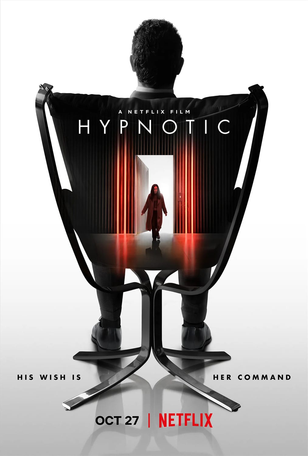 Poster for the Netflix film Hypnotic, featuring a seated man with a doorway backdrop, hinting at themes of hypnosis and control.