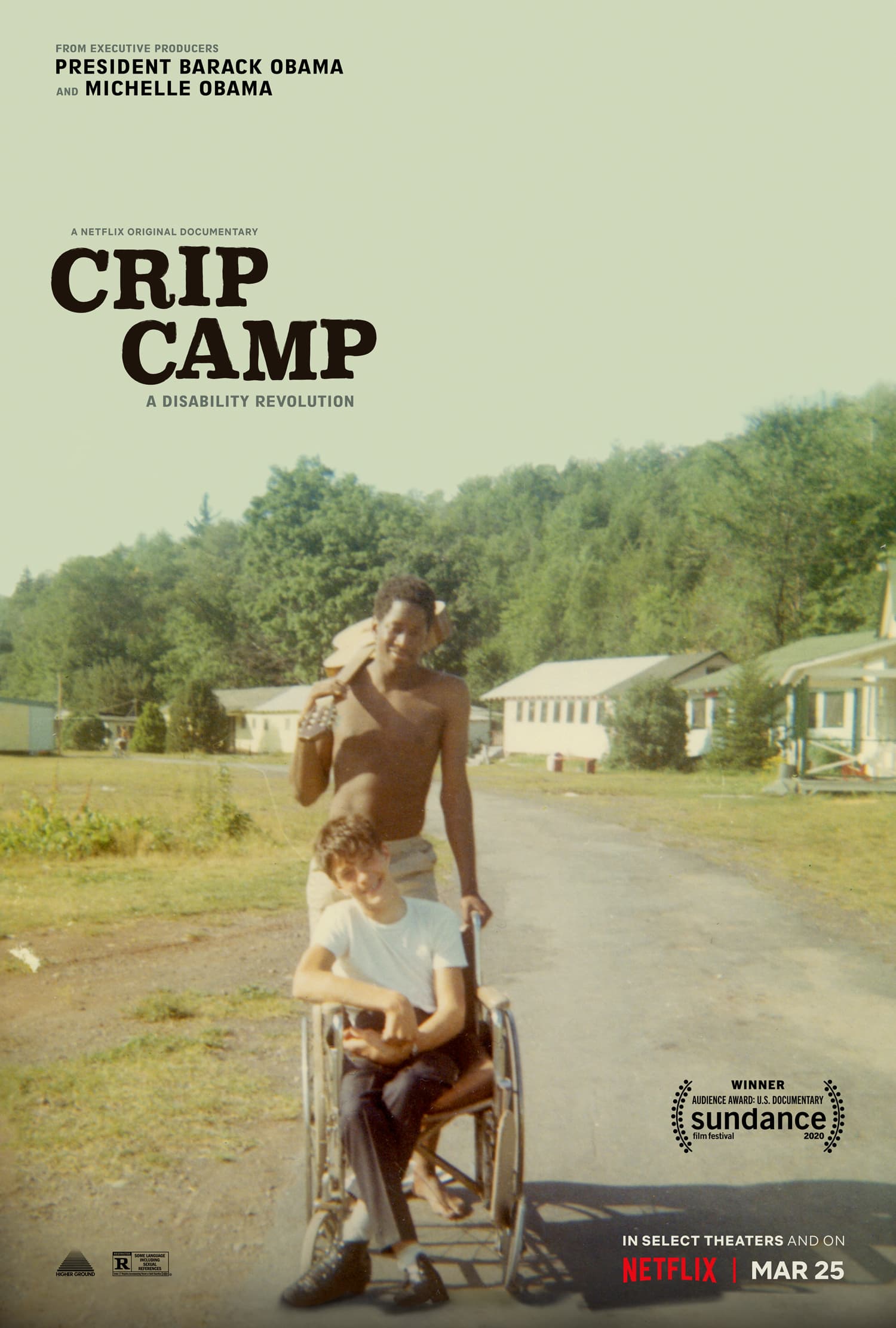 Documentary poster for 'Crip Camp,' showcasing two boys, one in a wheelchair, highlighting disability activism.