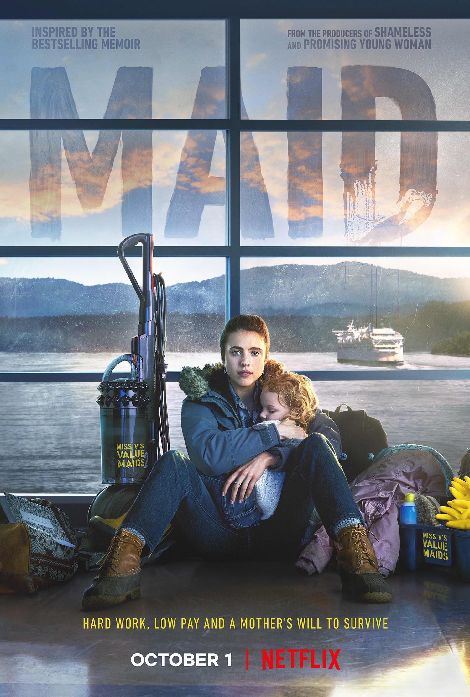 Mother and child sitting on the floor near a vacuum, with promotional text for the Netflix series Maid, addressing domestic struggles.