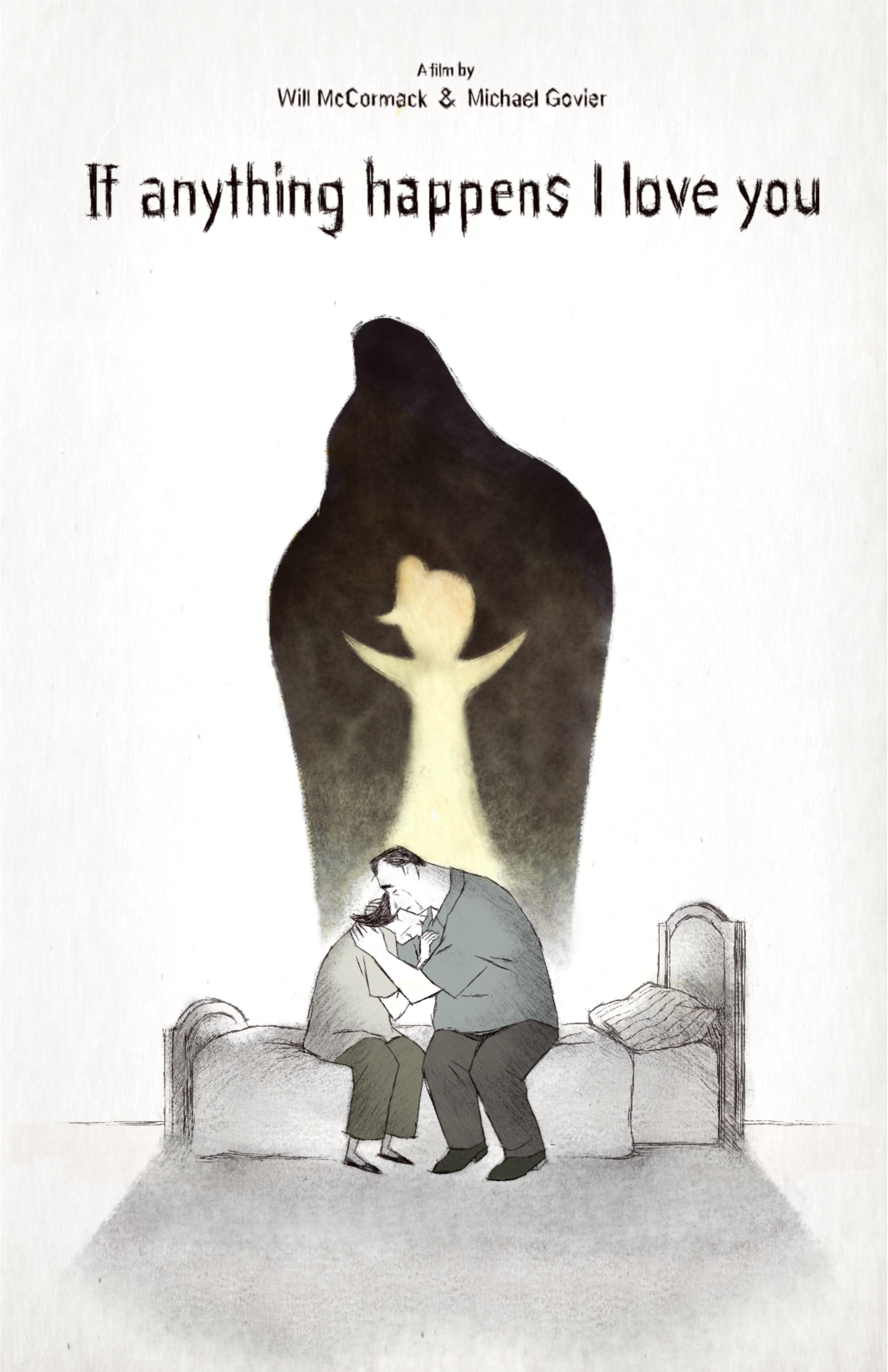 Illustration from If Anything Happens I Love You, depicting a couple embracing with a spirit figure in the background.