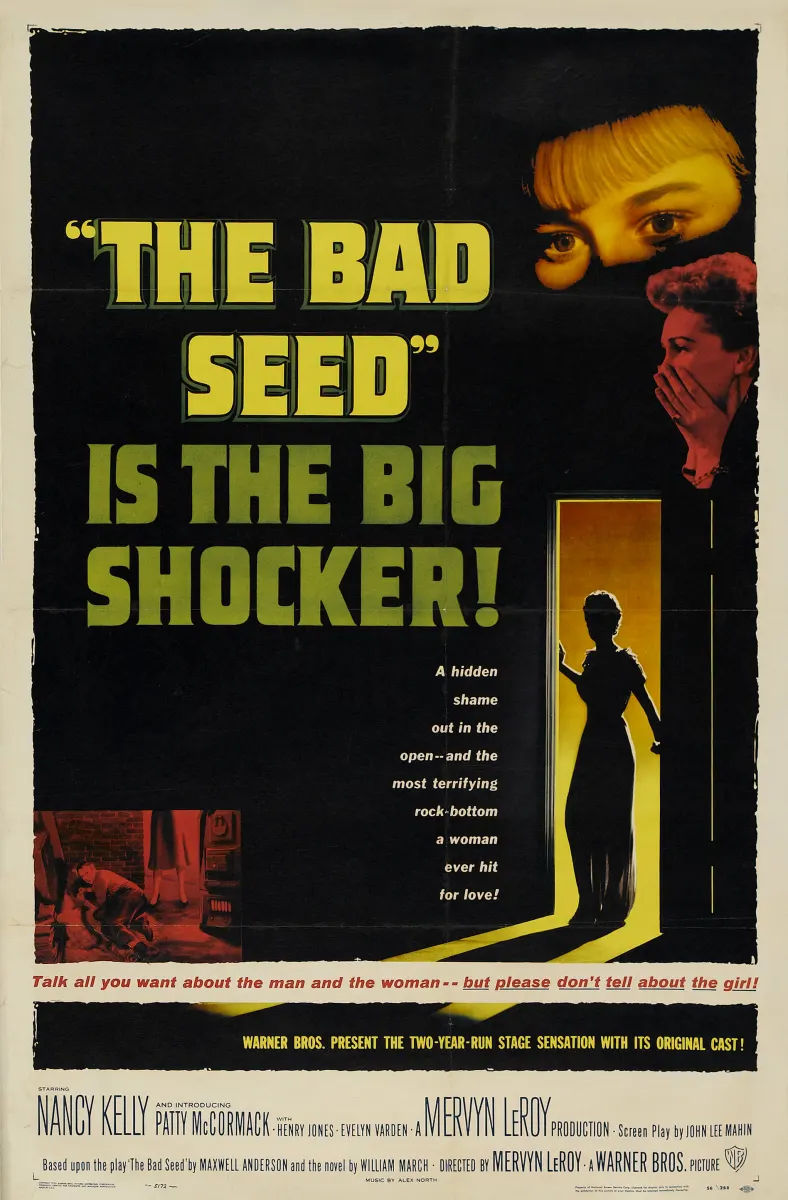 Alt text: Movie poster for 'The Bad Seed,' highlighting themes of hidden shame and psychological tension.