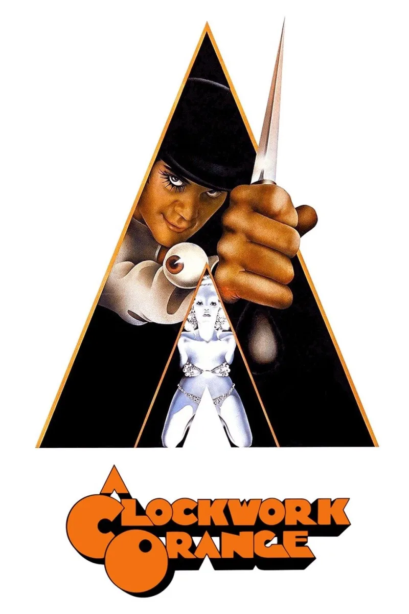 Movie poster for A Clockwork Orange, featuring a character holding a knife with a dramatic expression.