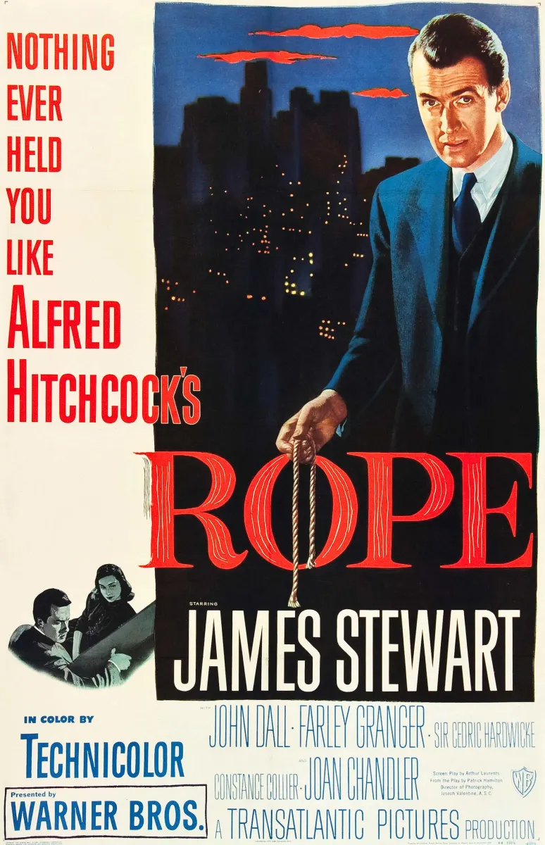 Alt text: Movie poster for Alfred Hitchcock's 'Rope,' featuring James Stewart holding a rope against a city skyline.