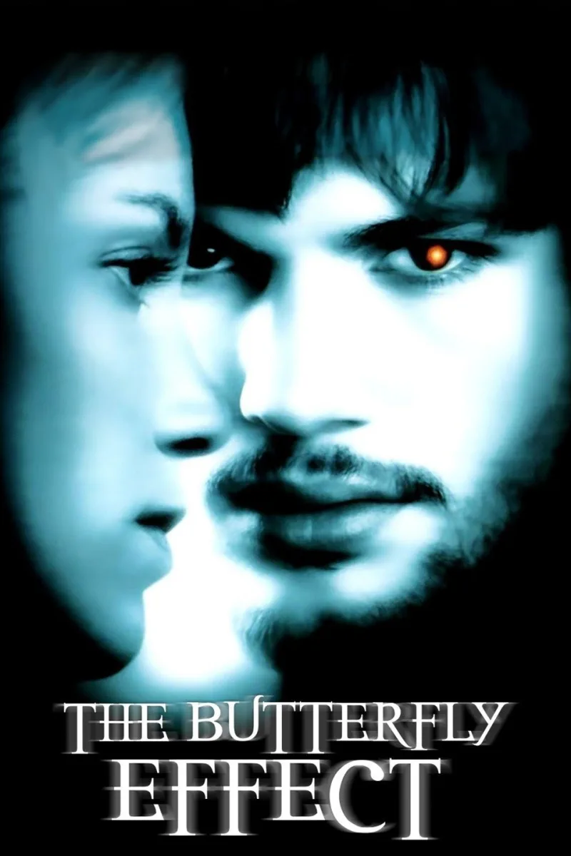Alt text: Movie poster for 'The Butterfly Effect' featuring a close-up of two faces, one with a glowing eye.