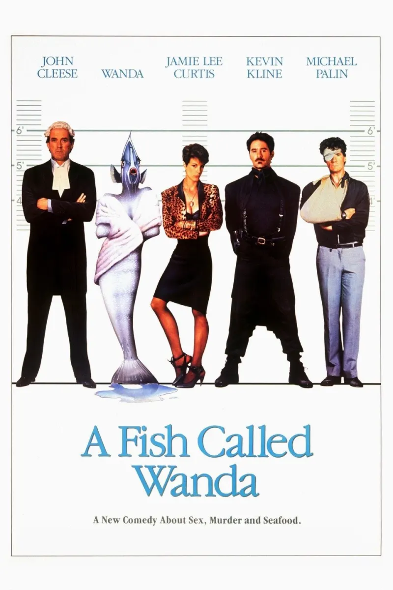 The poster for A Fish Called Wanda features a lineup of five characters, including a woman and a fish.