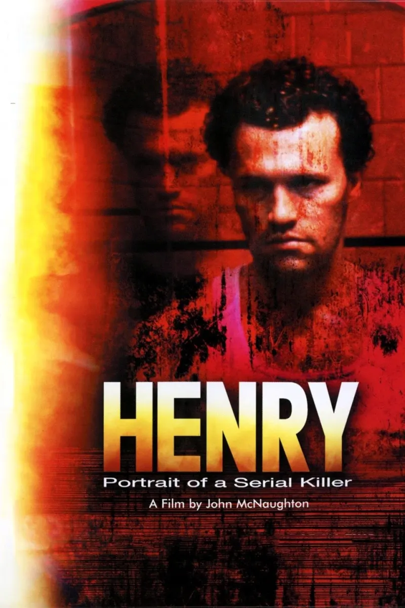 Alt text: Movie poster for 'Henry: Portrait of a Serial Killer' featuring a somber man with a serious expression.