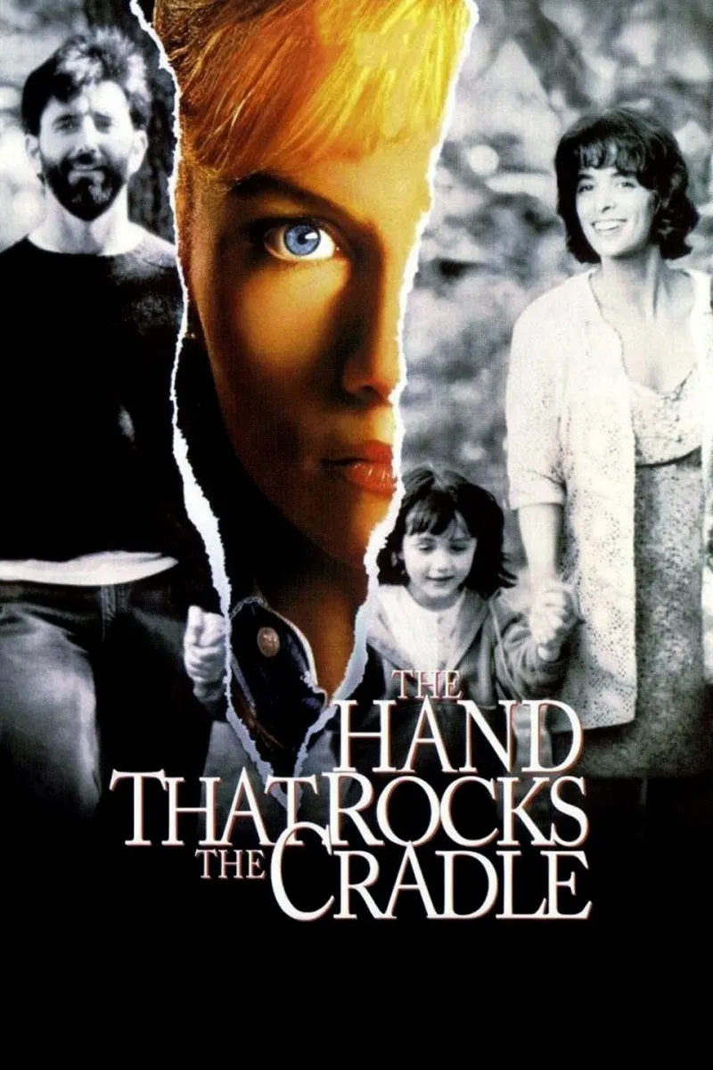 Alt text: Movie poster for 'The Hand That Rocks the Cradle,' featuring a woman's intense gaze and a family scene.