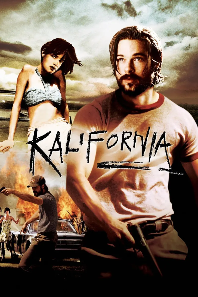 Movie poster for KALIFORNIA, featuring a man and woman amidst a chaotic background, reflecting themes of antisocial behavior.