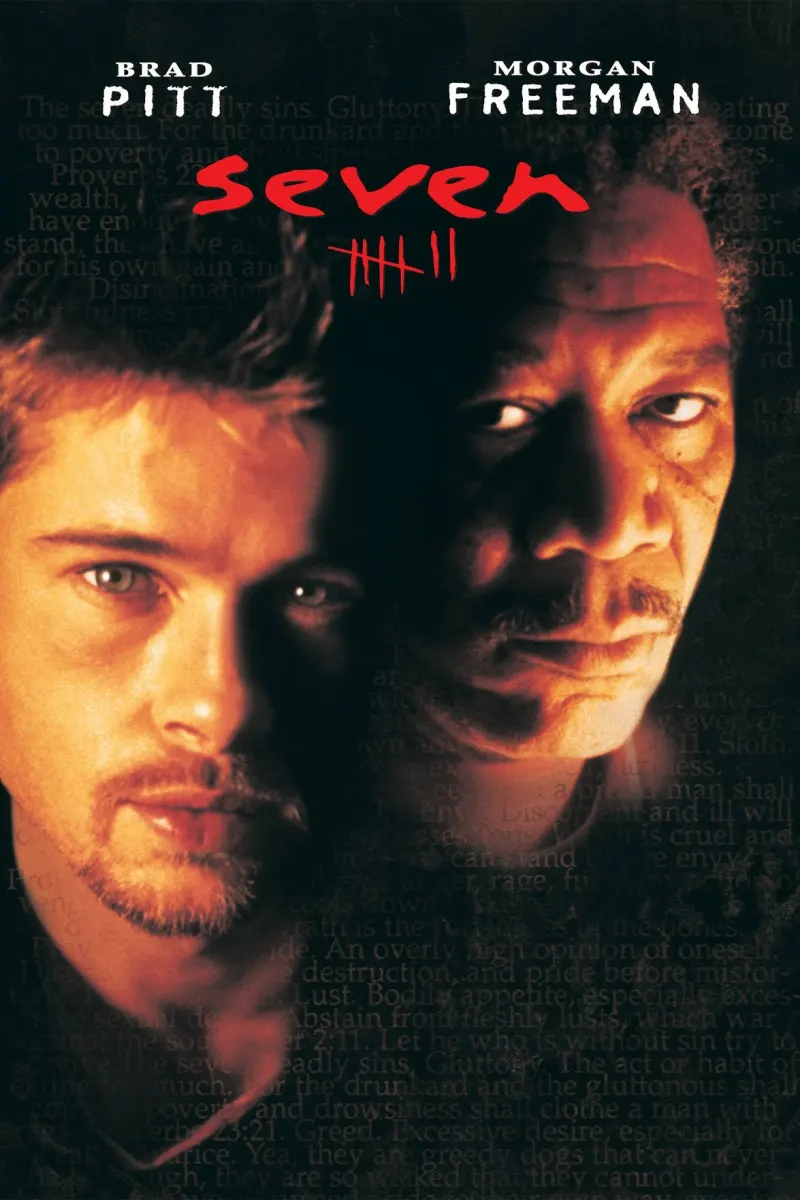 Movie poster for 'Seven' featuring Brad Pitt and Morgan Freeman, exploring themes of morality and antisocial behavior.