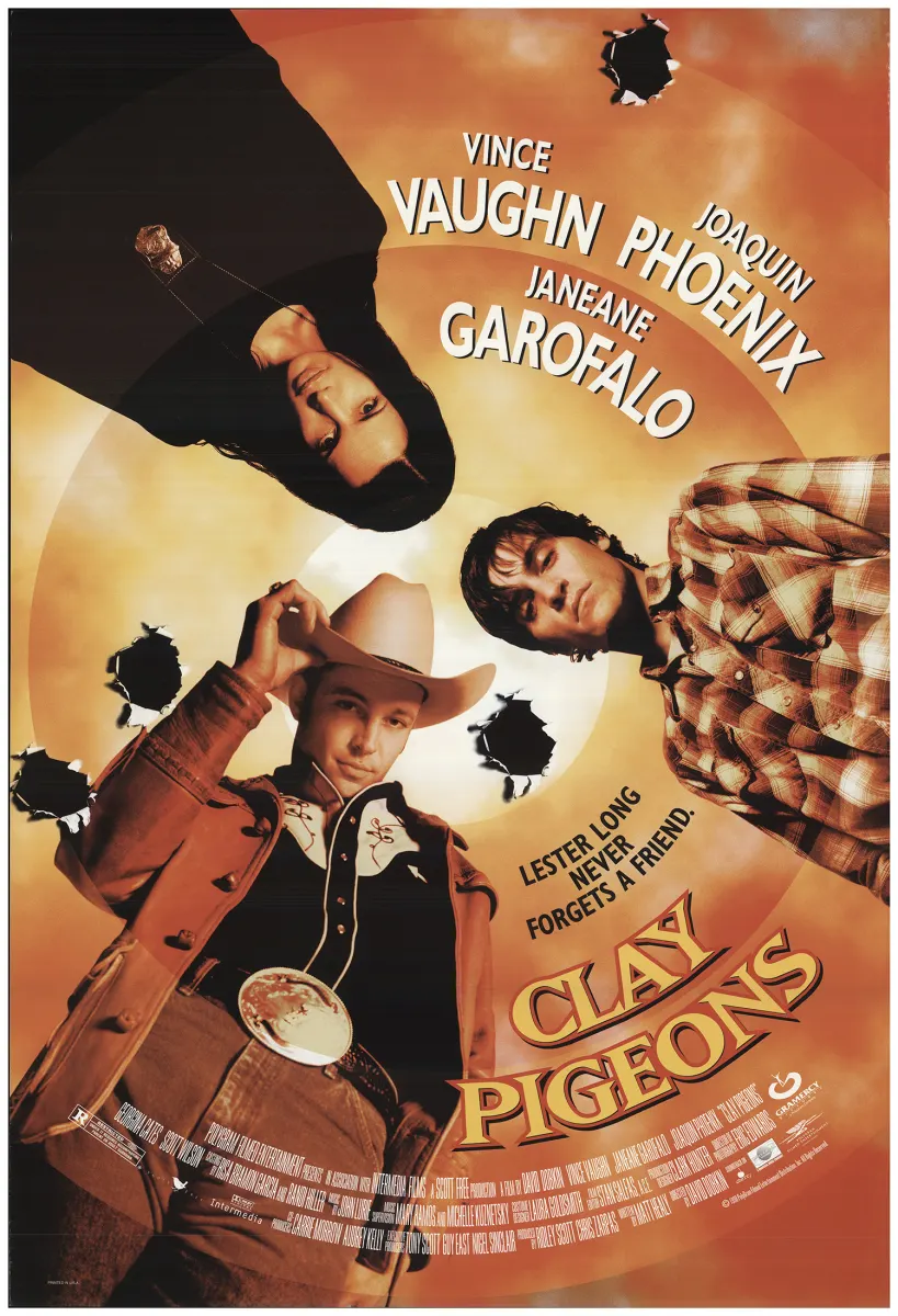 Movie poster for Clay Pigeons, featuring Vince Vaughn, Joaquin Phoenix, and Janeane Garofalo against a dramatic background.