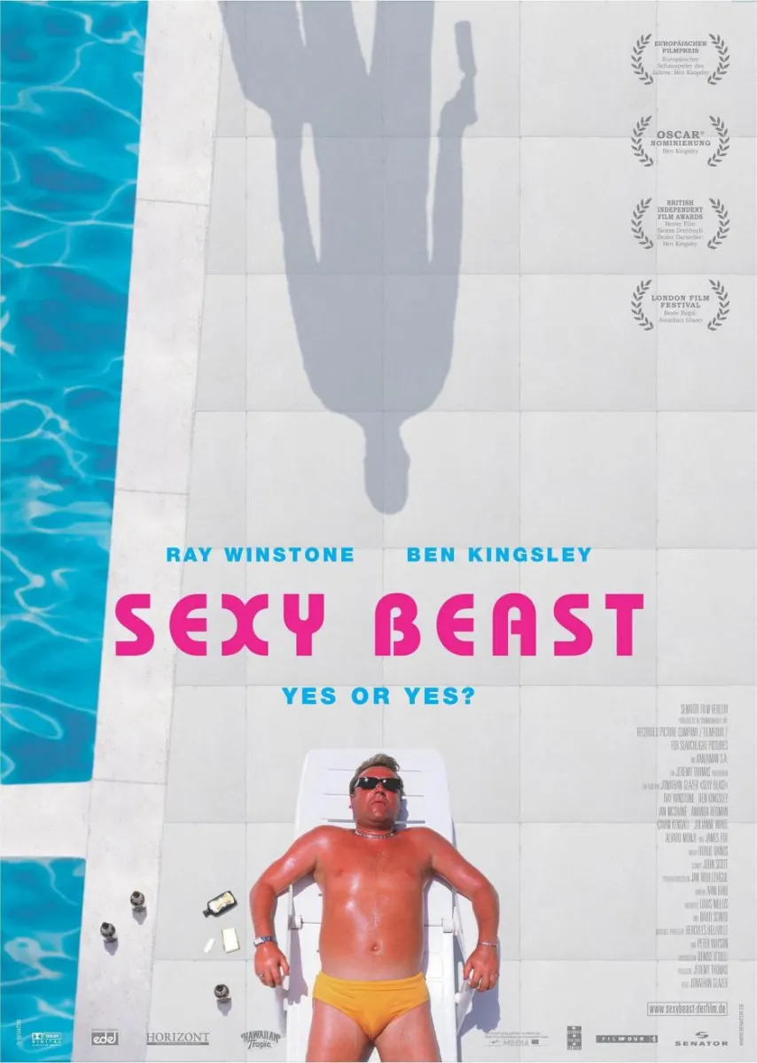 Alt text: Movie poster for 'Sexy Beast' featuring a man lounging by a pool with a shadowy figure above.