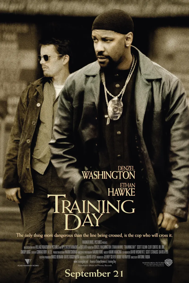 Denzel Washington and Ethan Hawke in a scene from Training Day, exploring themes of morality and police work.