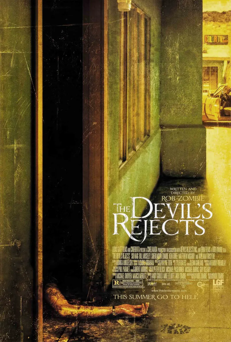 Alt text: Movie poster for 'The Devil's Rejects' featuring a dark doorway and a visible arm on the floor.