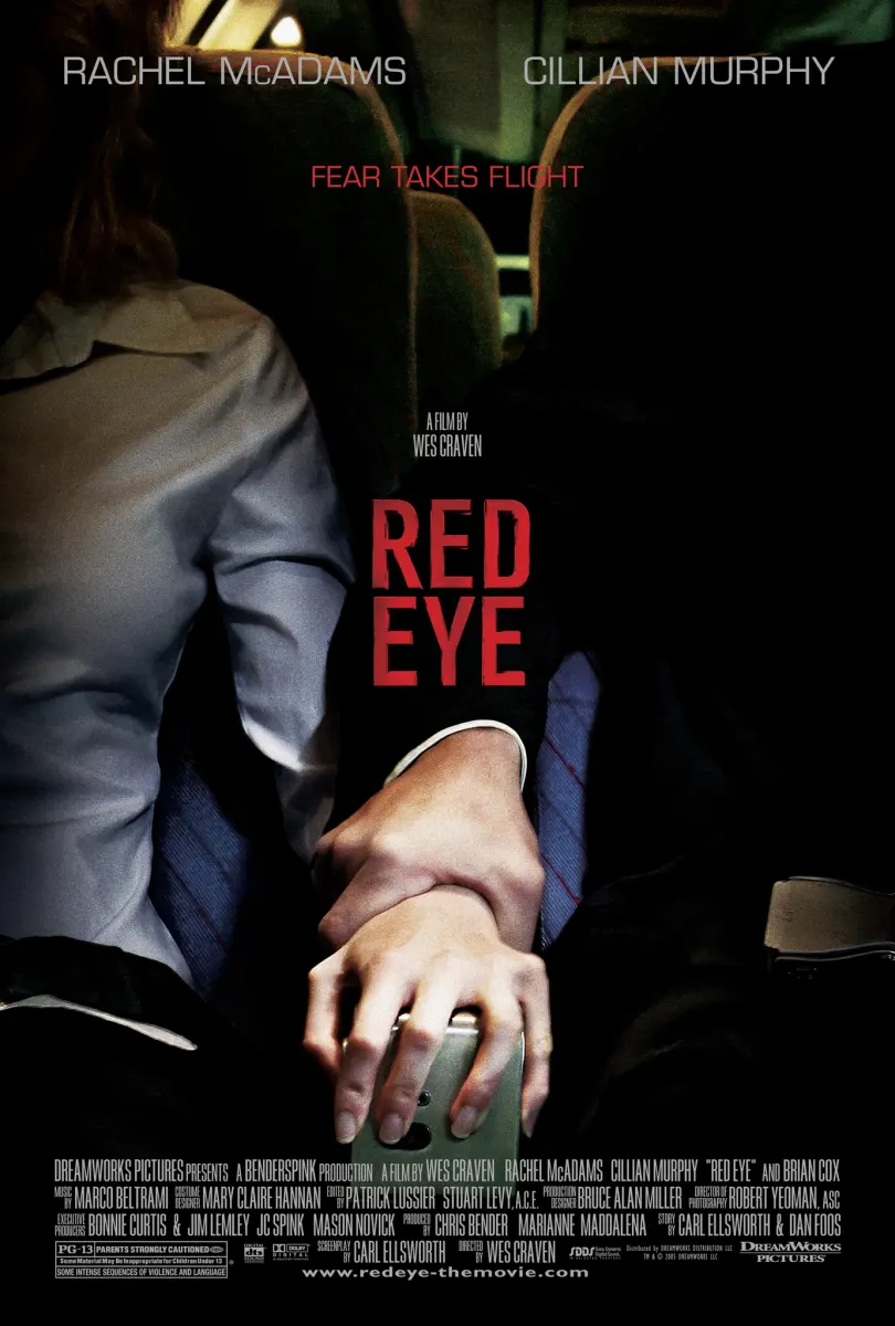 Promotional poster for 'Red Eye,' featuring two characters holding hands on a flight, highlighting suspense and tension.
