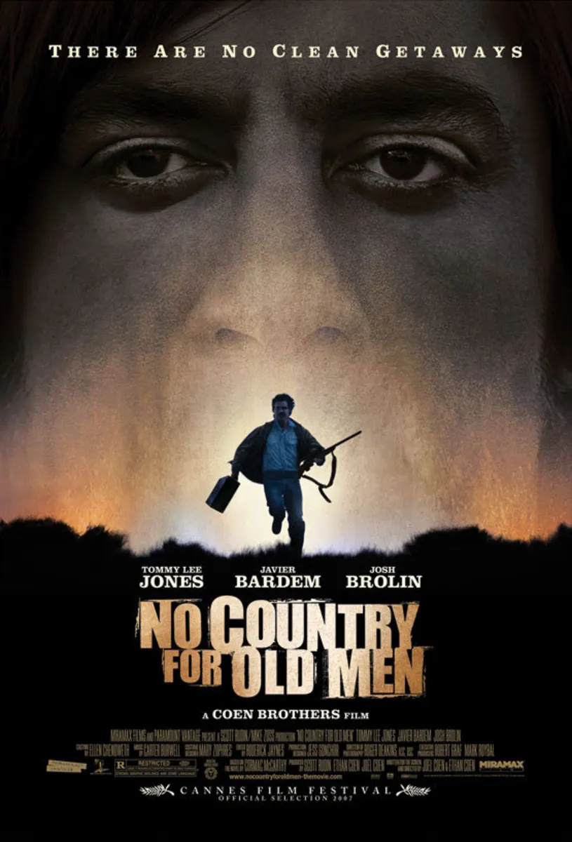 Poster for No Country for Old Men, featuring a man walking in a desolate landscape, emphasizing themes of morality and violence.