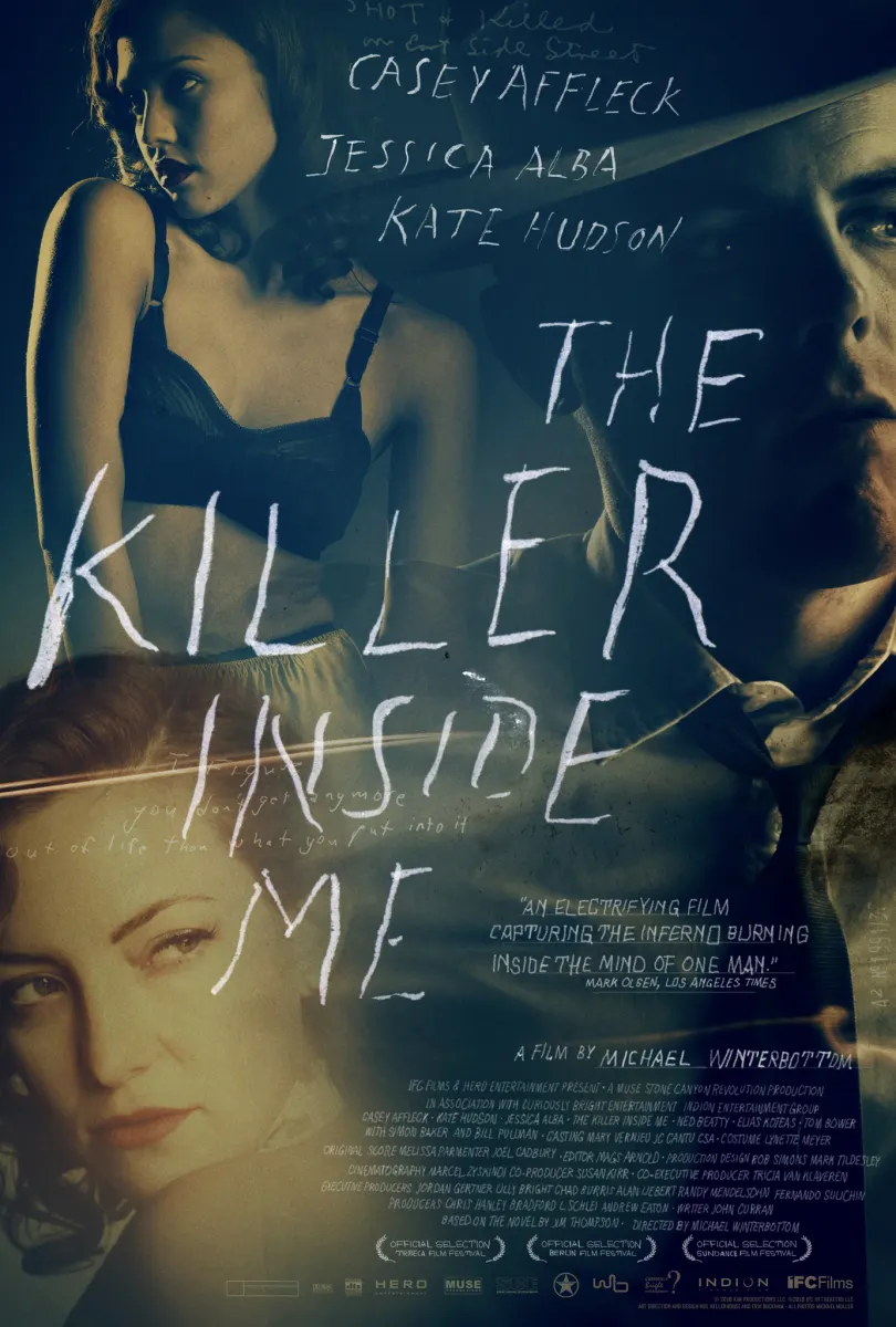Alt text: Movie poster for 'The Killer Inside Me' featuring Casey Affleck, Jessica Alba, and Kate Hudson with dramatic visuals.