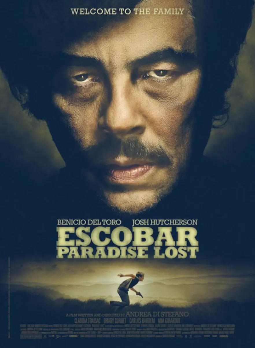 Alt text: Movie poster for 'Escobar: Paradise Lost' featuring Benicio Del Toro, highlighting themes of family and danger.
