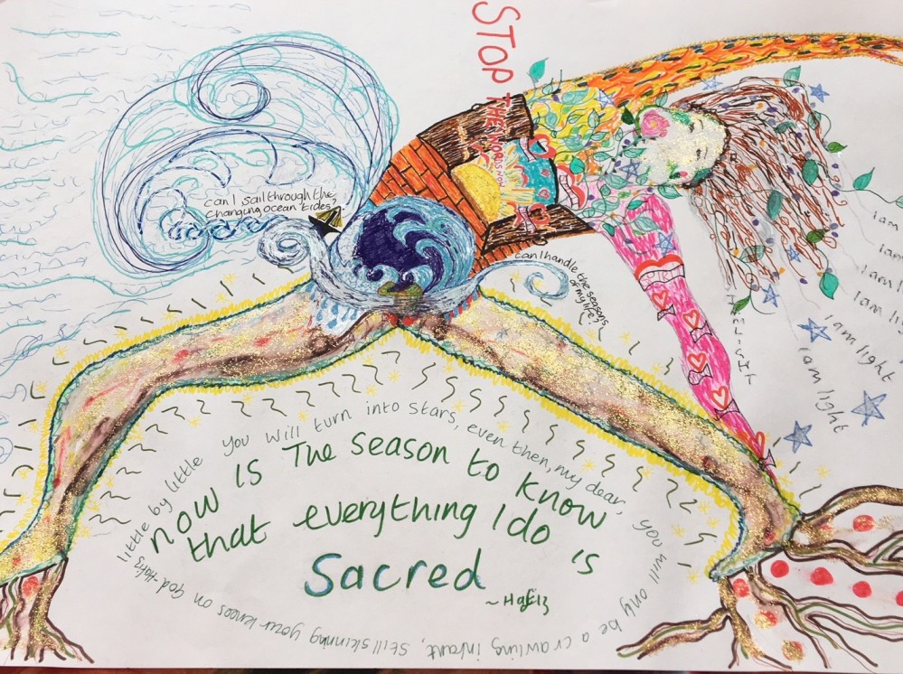 Colorful illustration of a figure stretching amidst waves and nature, featuring the quote Everything I do is sacred.