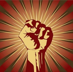 **Alt Text:** Bold raised fist against a radiating red and gold background, symbolizing resistance and strength in relationships.