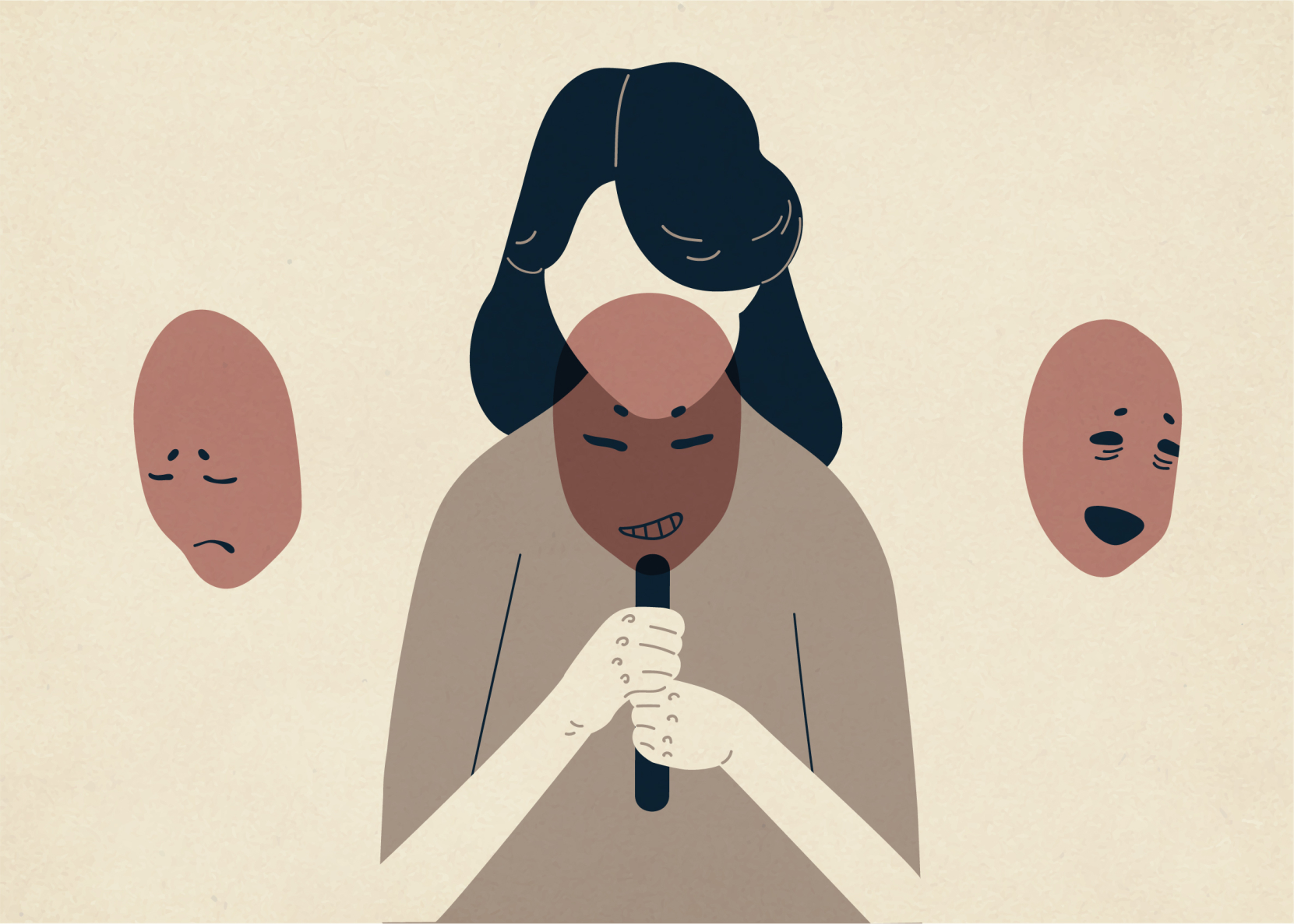 Illustration of a woman holding a microphone, surrounded by masks representing different emotions.