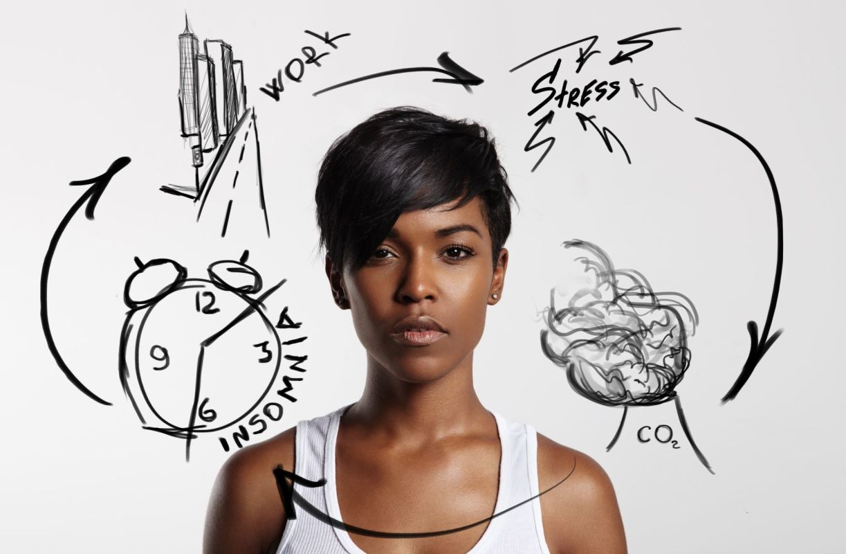 Black woman with short hair, surrounded by doodles illustrating stress, insomnia, and work-life balance challenges.