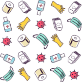 Colorful pattern of health items like hand sanitizer, gloves, and masks, symbolizing mental and physical well-being support.