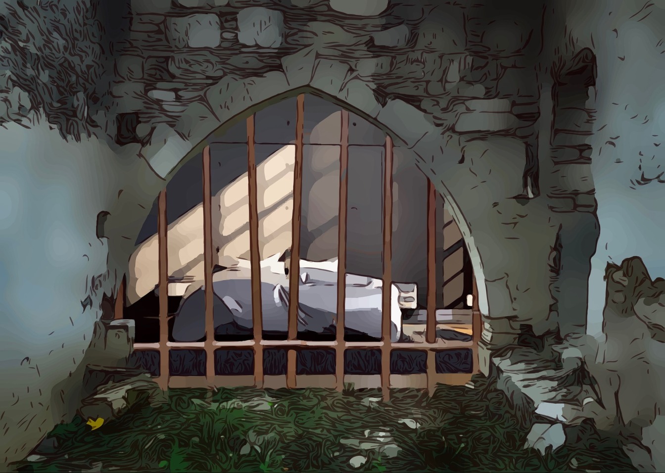 Empty bed behind iron bars in a stone and grass-walled room, symbolizing confinement during the quarantine period.